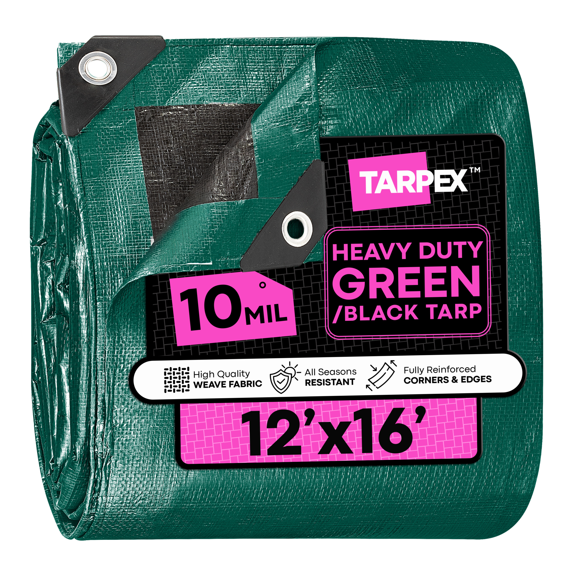 TARPEX 12' x 16' Green/Black Waterproof Heavy-Duty 10 Mil Polyethylene Tarp with Reinforced Edges – Multipurpose Outdoor Cover
